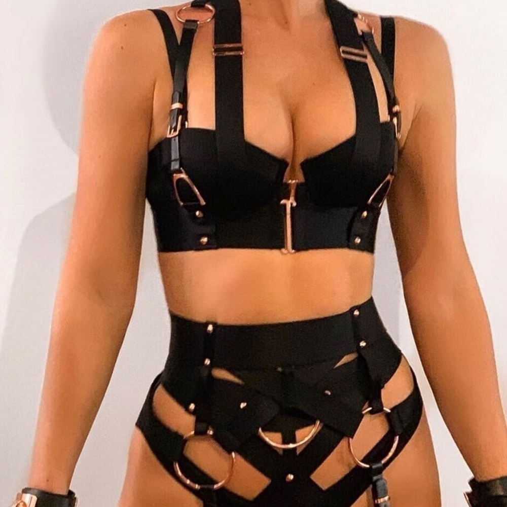 NEW ULTRA RARE honey birdette rose gold hardware CARTER BRA and HARNESS